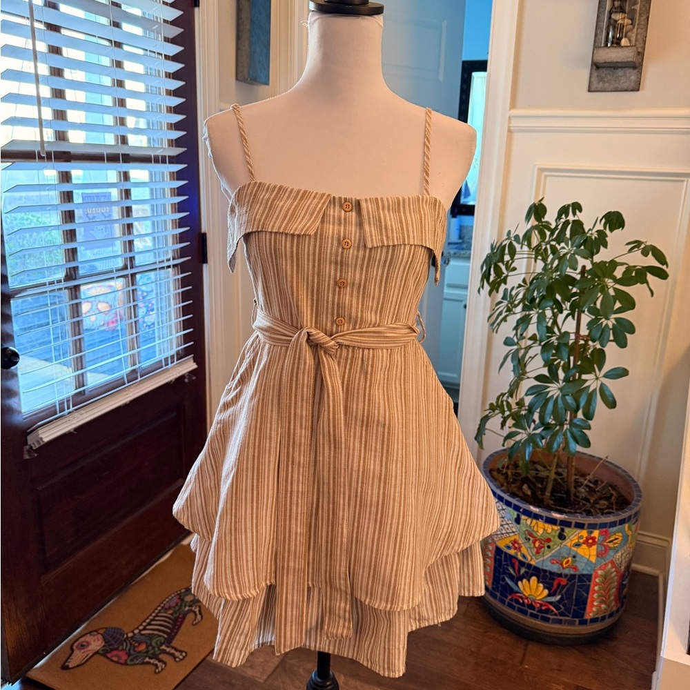 Fashion On Earth NWOT Striped Beige Layered Ruffle Dress with Belt & Pockets